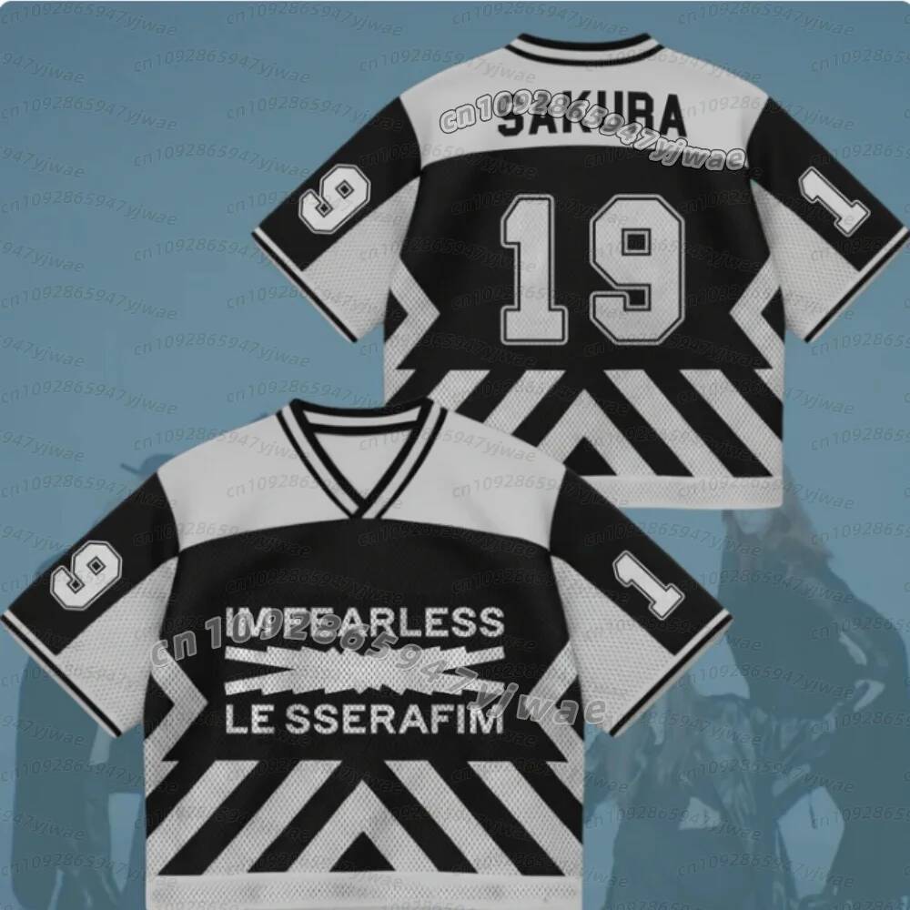 26 ผู้หญิง Le Sserafim Im Fearless ผสม MeshJersey สําหรับแฟนๆตาข่ายเสื้อฟุตบอล V คอ Jersey,Sakura Ka