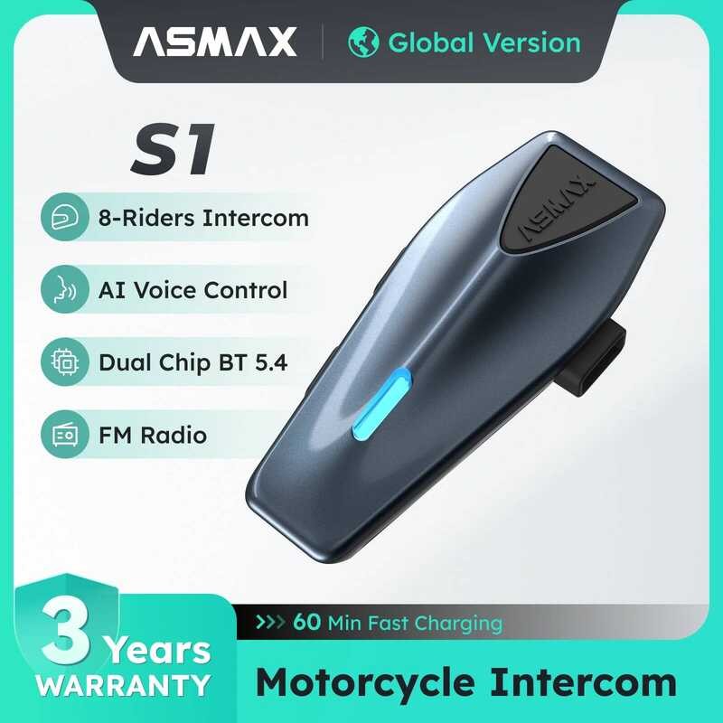 ASMAX Blue S1 Motorcycle Intercom Global Mesh Group System, Vo Command, HD Audio, IPX7, ENC Mic & Ap