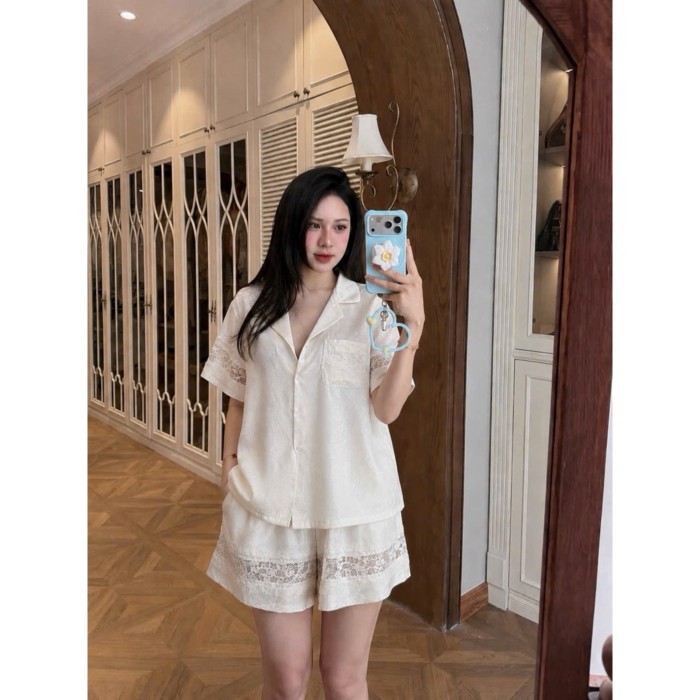 KingshopbeautyQC Silk Brocade Lace Pajama Set