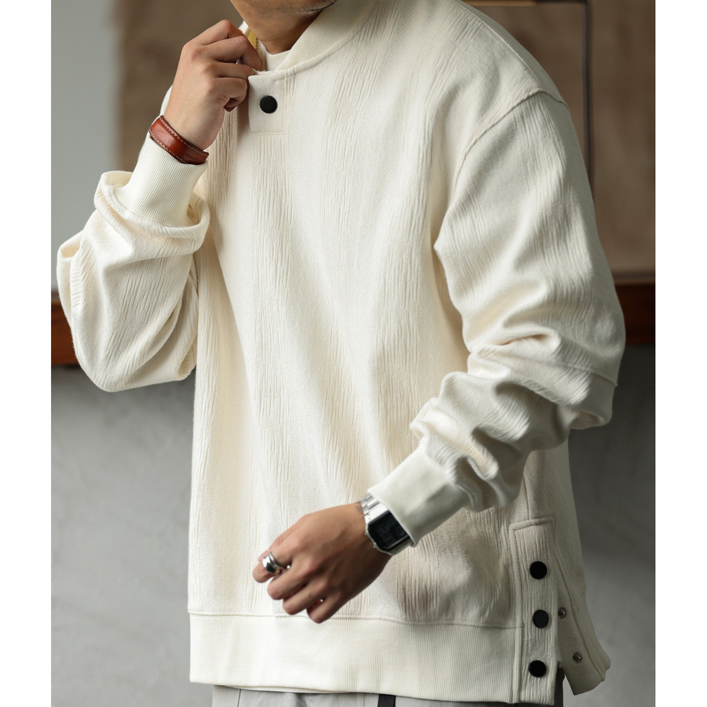 Richell American Casual Heavy Jacquard Texture เสื้อกันหนาวผู้ชายหลวมออกแบบหลวมเบสบอลคอปกเสื้อสวมหัวฤดูใบไม้ร่วง