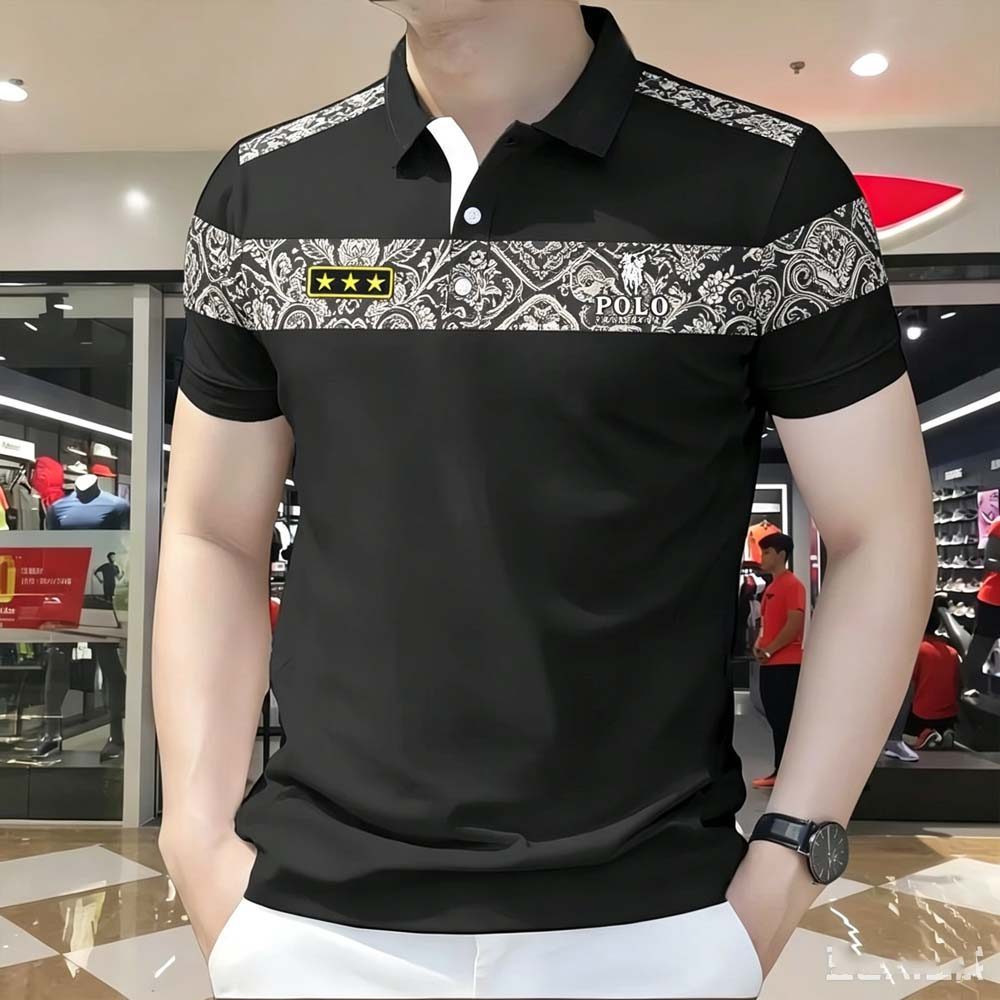 ผู้ชาย Polo 3D พิมพ์ดิจิตอลชาติพันธุ์ลายคอสีดํา Executive Polo Premium