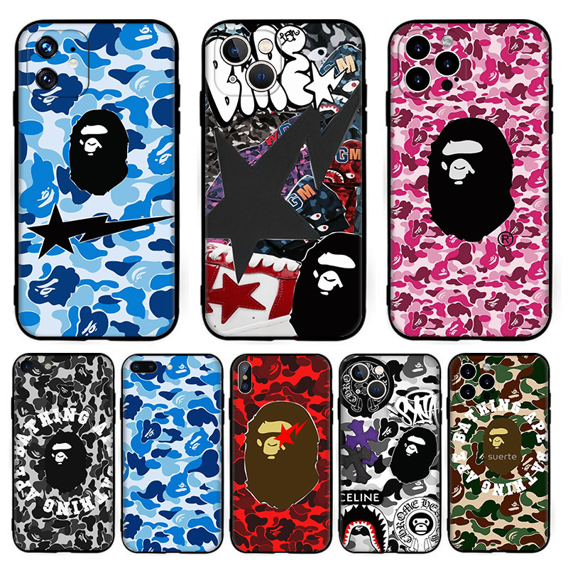 สําหรับ iPhone 11 12 13 Pro Max Mini BAPE เคสลายพราง 6Y17 เคสโทรศัพท์ซิลิโคนอ่อนนุ่ม TPU สีดํา