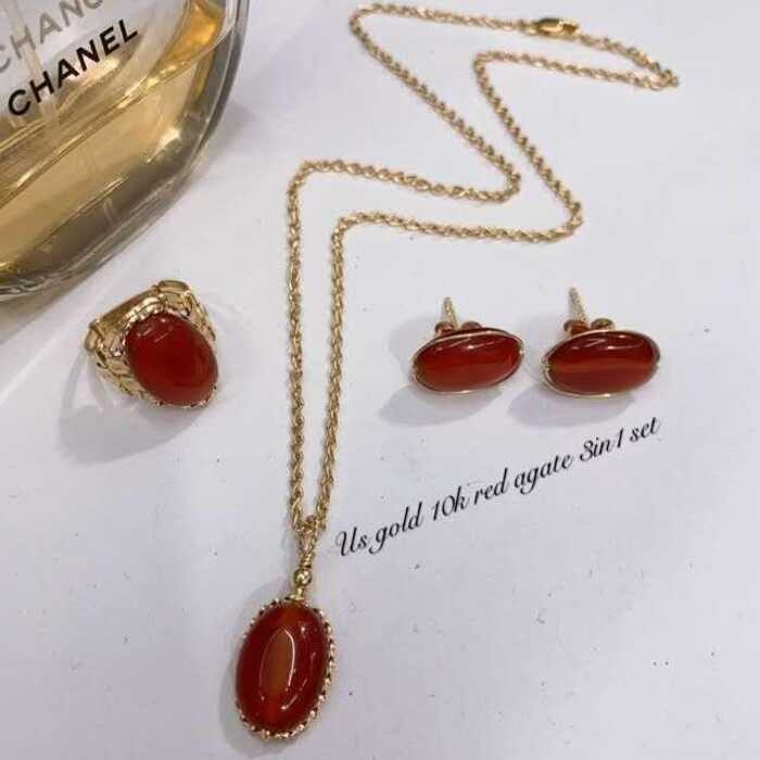9E9 LOVEVER 14/20 HIGH QUALITY ATHENTIC US 10K GOLD NATURAL RED AGATE Set(Ring,