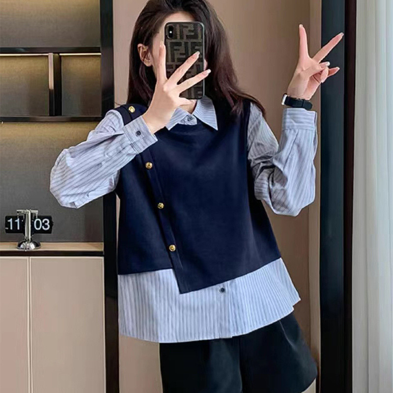 เสื้อเชิ้ตผู้หญิงลายสองชิ้น ดีไซน์หลวม สวมใส่ได้หลายโอกาส