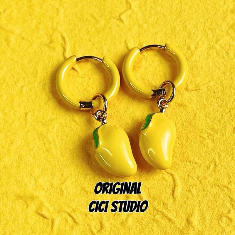 CICI STUDIO ต่างหูสีเหลืองพร้อมเคลือบเงา ดีไซน์มะนาวสำหรับฤดูร้อน สร้อยหูสำหรับผู้หญิง