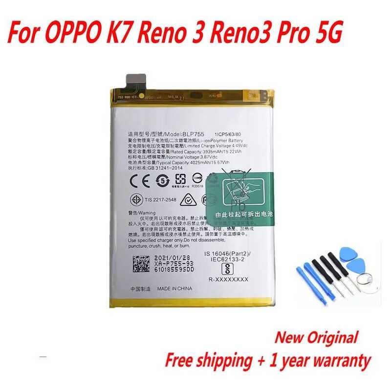 ▥ ต้นฉบับ 3.85V 4025Mah Blp755 แบตเตอรี่สําหรับ OPPO K7 Reno 3 Reno3 Pro 5G โทรศัพท์มือถือ
