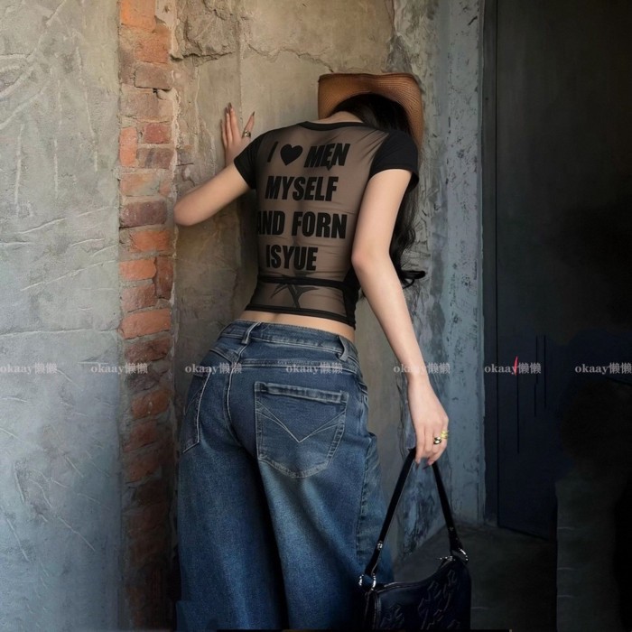 สาวร้อนสไตล์ผ้ากอซ Halter U-คอเสื้อยืดผู้หญิงฤดูร้อนสีดํา รูปที่ 5