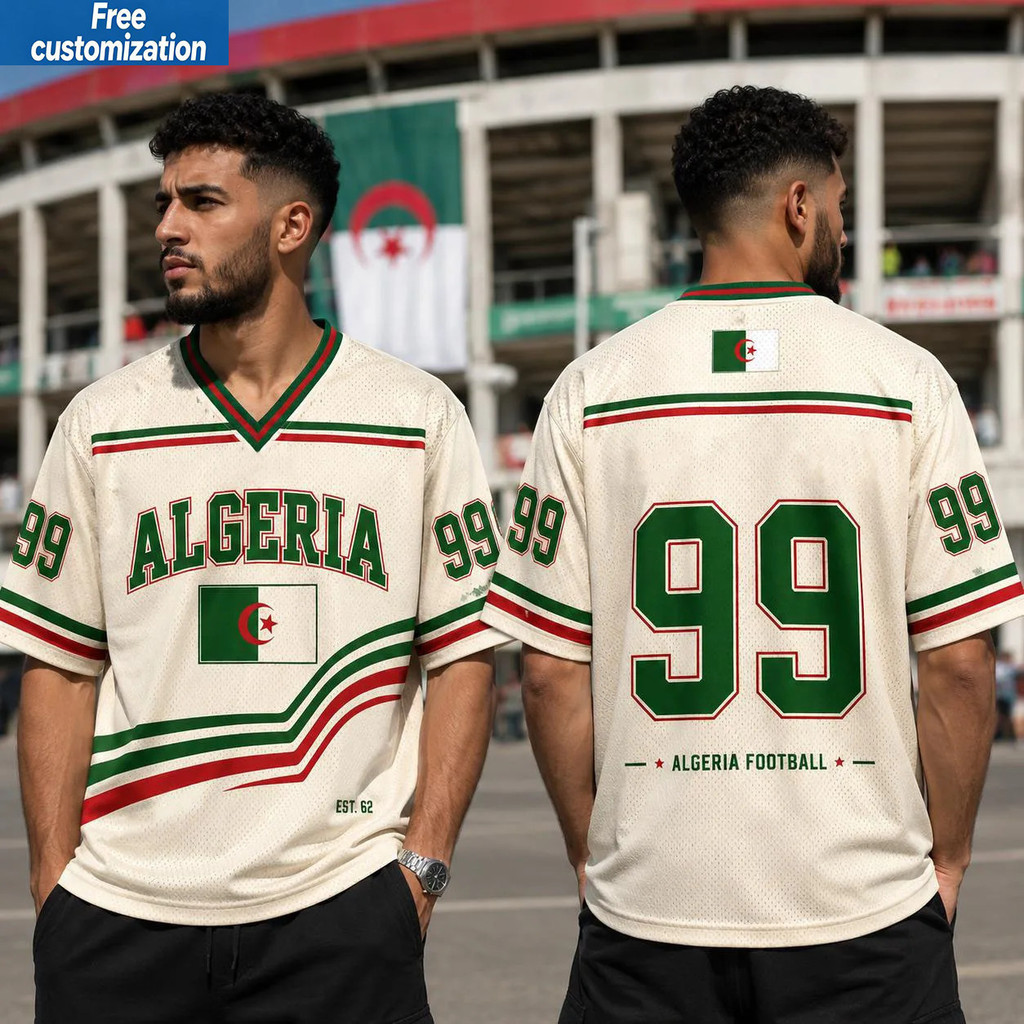 Vintage Algeria Flag เสื้อฟุตบอลหมายเลข 99 V คอ Jersey Algerian แฟนสบายๆกีฬา Unisex Streetwear เสื้อ
