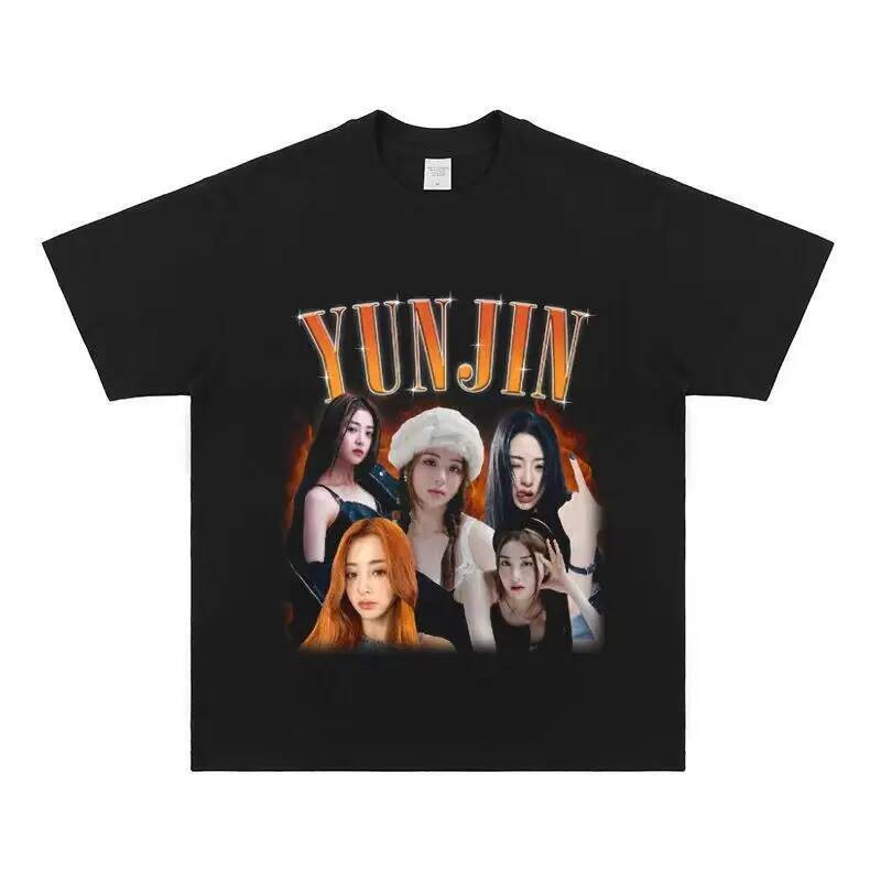 พัดลมแขนสั้นพร้อมลายตัวละคร Heo Yoon-jin จาก LE SSERAFIM สำหรับเสื้อยืดสไตล์เกาหลีและเสื้อกีฬาผู้ชาย