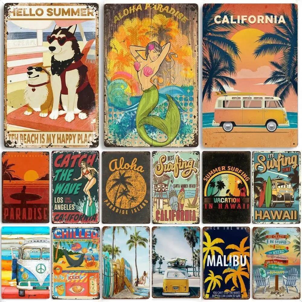 ฮาวาย Beach Party Sign Surf Paradise ป้ายดีบุกโลหะวินเทจ California แผ่นโลหะสําหรับ Bar Man Cave Clu