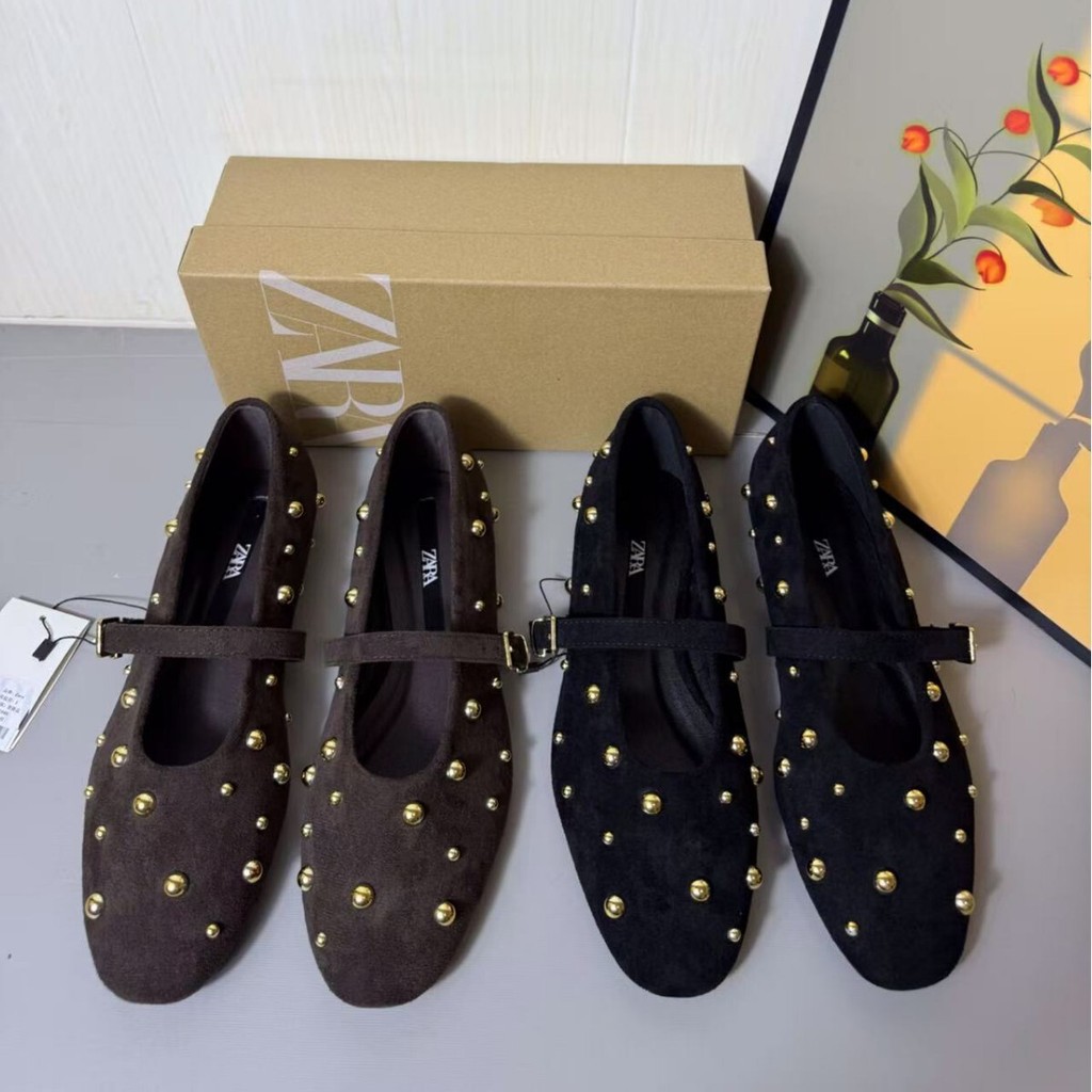 Z A สเปน 5 ฤดูร้อนผลิตภัณฑ์ใหม่ One-word รอบ Toe Rivets สีดําสีน้ําตาลหนังนิ่มหนังบัลเล่ต์รองเท้าแบน
