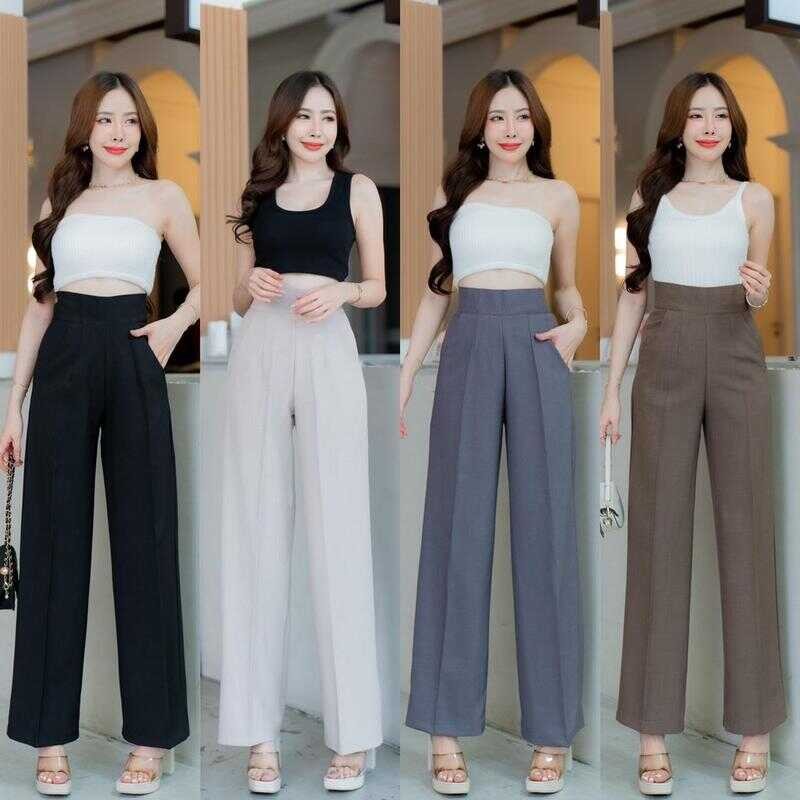 G58 กางเกงขากระบอกกลางเอวสูง ซิปข้าง ผ้าฟอร์ร่า Clothing Pants ผู้หญิง เสื้อผ้า กางเกง Women Lady 7F