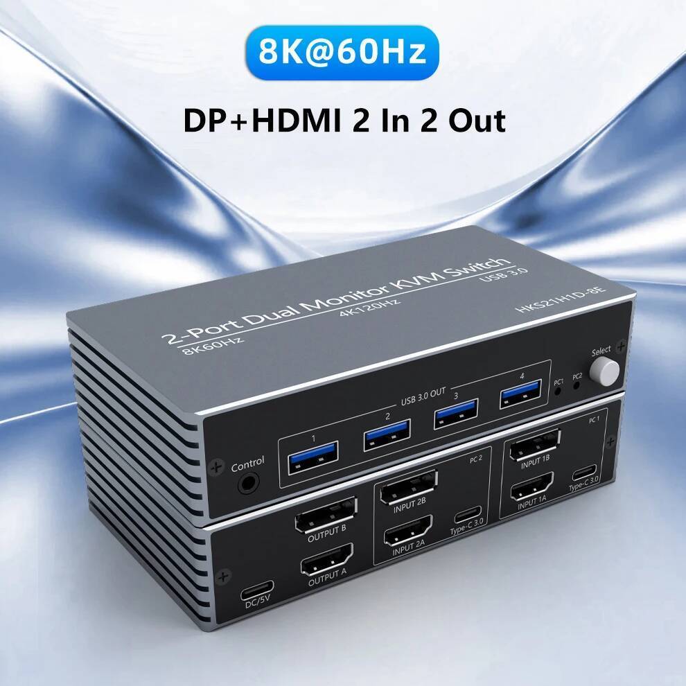 HDMI DP Displayport KVM Switch 8K@60Hz KVM Switcher 2 คอมพิวเตอร์ PC Share 2 Monitor และ 4 USB3.0 สํ