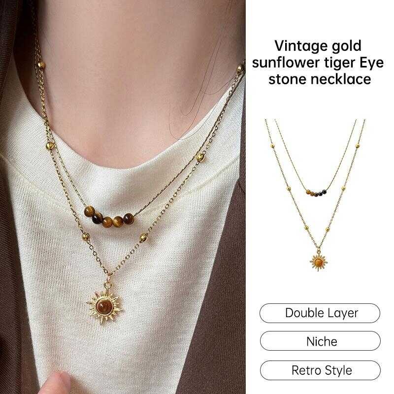 【Bailliff】ทองดอกทานตะวันเสือตาหินสร้อยคอผู้หญิงเฉพาะออกแบบเสื้อโซ่วินเทจไหปลาร้าโซ่ Cbf