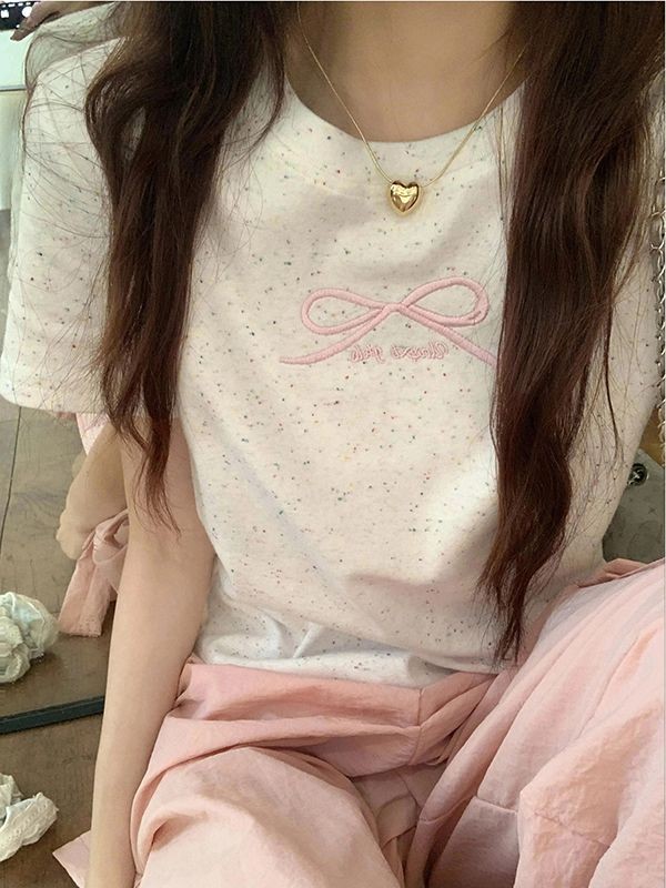 เสื้อยืดแขนสั้นไหล่แท้ Dopamine Polka Dot ผู้หญิง ฤดูร้อนรูปแบบใหม่