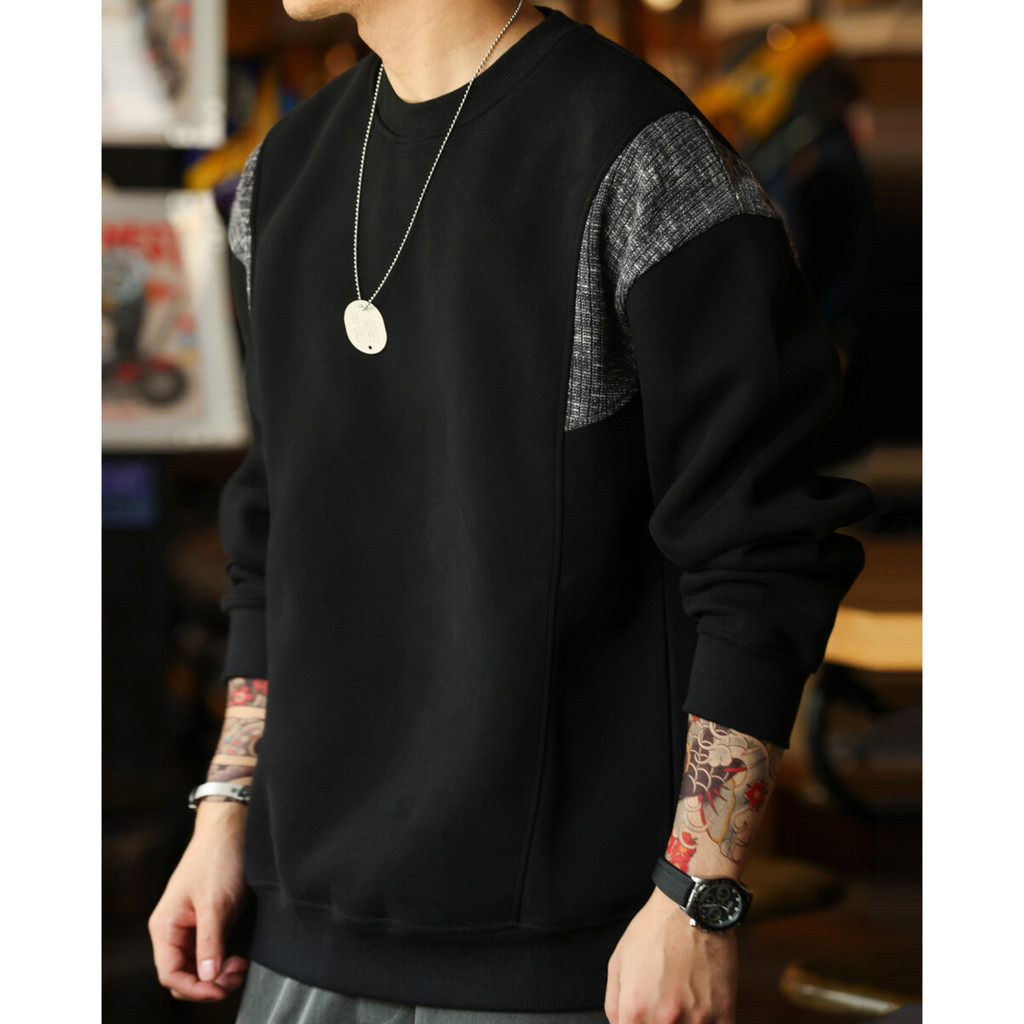 Wuluwear American Retro Wool Stitching Round Neck Sweatshirt Men 420g Heavy Design Casual Top Autumn