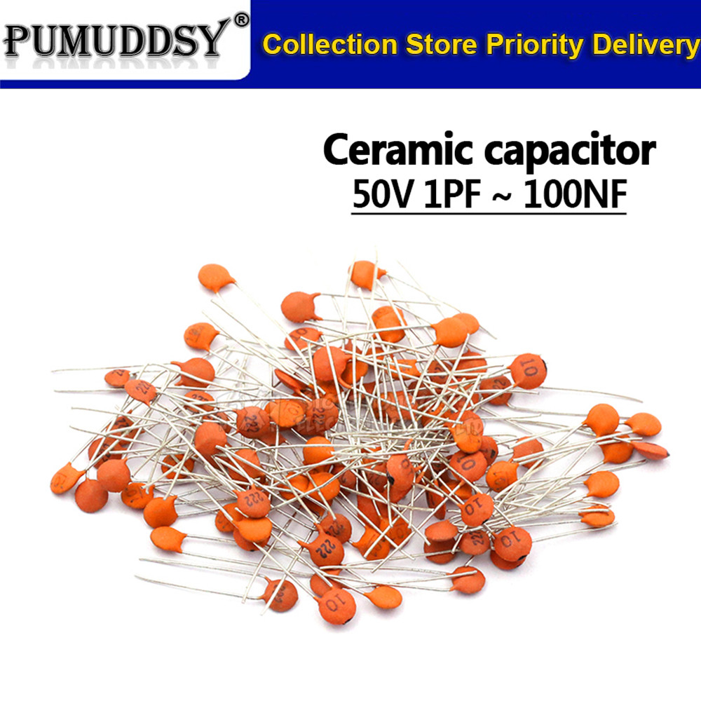 100pcs ตัวเก็บประจุเซรามิค 50V 1pF ~ 100nF 0.1uF 104 4.7PF 10PF 22PF 33PF 47PF 100PF 10NF 330PF 470P
