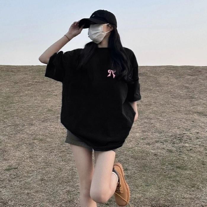 Papaya เสื้อยืด Oversize ลาย 'Pink Bow' Cotton 100% ใส่สบาย WS1113 ผู้หญิง Clothing