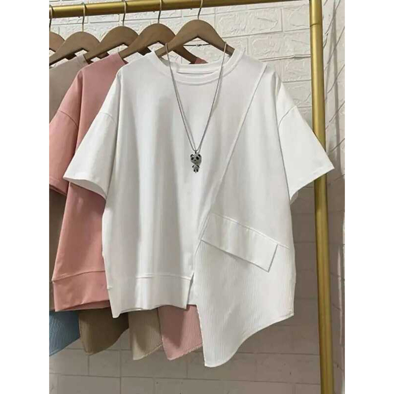 ▥ Eamผู้หญิงสีชมพูไม่สม่ําเสมอsplicedขนาดใหญ่สบายๆเสื้อยืดใหม่รอบคอแขนสั้นแฟชั่นฤดูใบไม้ผลิฤดูร