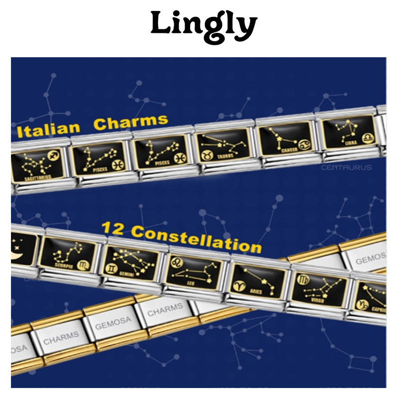 Lingly ใหม่ 12 Constellation Zodiac Signs Black Glaze Italian Charm Link Fit 9 มม.เครื่องประดับสแตนเ