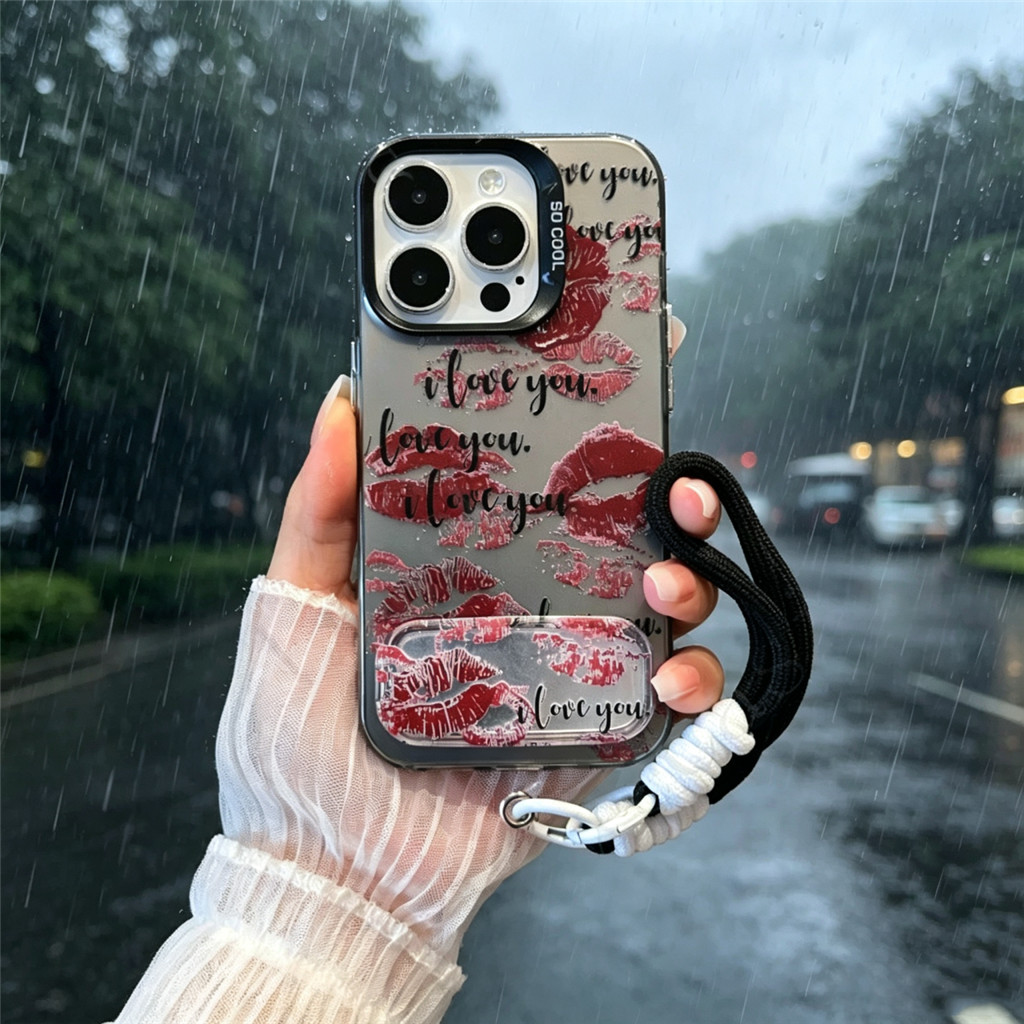 Y2K Grunge ลิปสติกสีแดง Kiss Mark กระจกเคสโทรศัพท์พร้อมสายรัดข้อมือและผู้ถือสําหรับ Oppo a3 Pro a5 a