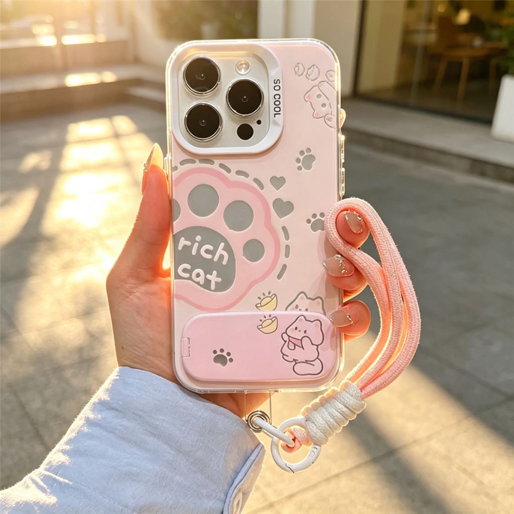 สําหรับ OPPO A5 A6 Pro A6X A6C A78 A3X A18 A60 เคสโทรศัพท์ Kawaii การ์ตูน Rich Cat Paw สายคล้องมือและกระจกขาตั้งกันกระแทก