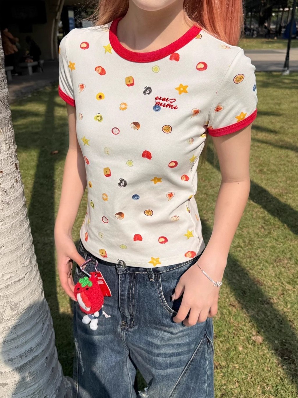 เสื้อยืดแขนสั้นผู้หญิง อเมริกันเรโทร dopamine การ์ตูนพิมพ์ สำหรับฤดูร้อน