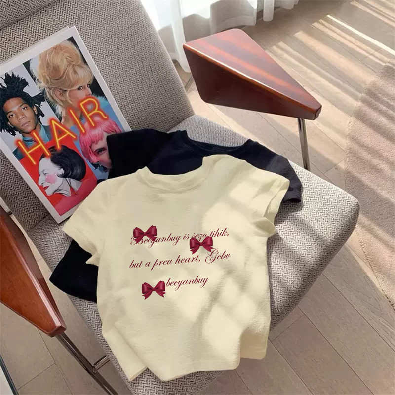 (จัดส่งตลอด 24 ชั่วโมง）OOOK Official แฟชั่นโบว์พิมพ์เสื้อยืดแขนสั้น