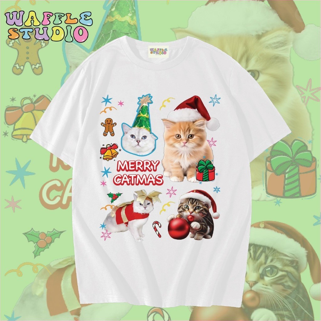 [ ส่งฟรี  ] WS0975 เสื้อยืดโอเวอร์ไซส์ เสื้อยืดเกาหลี ผ้าคอตตอน 100% เสื้อยืด คริสต์มาส น้องแมว WAF