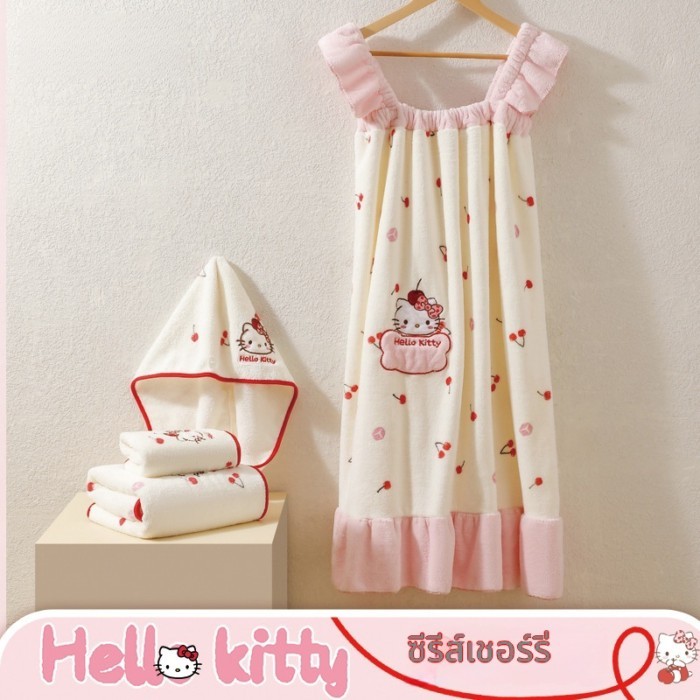 ชุดเสื้อคลุมอาบน้ำ Hello Kitty ลายเชอร์รี่ ขนแกะคอรัลหนานุ่ม ดูดซับน้ำดีแห้งไว้ สไตล์เจ้าหญิงน่ารัก สวมใส่ง่ายเป็นผ้าอาบน้ำได้ สำหรับผู้หญิงใช้ในบ้าน