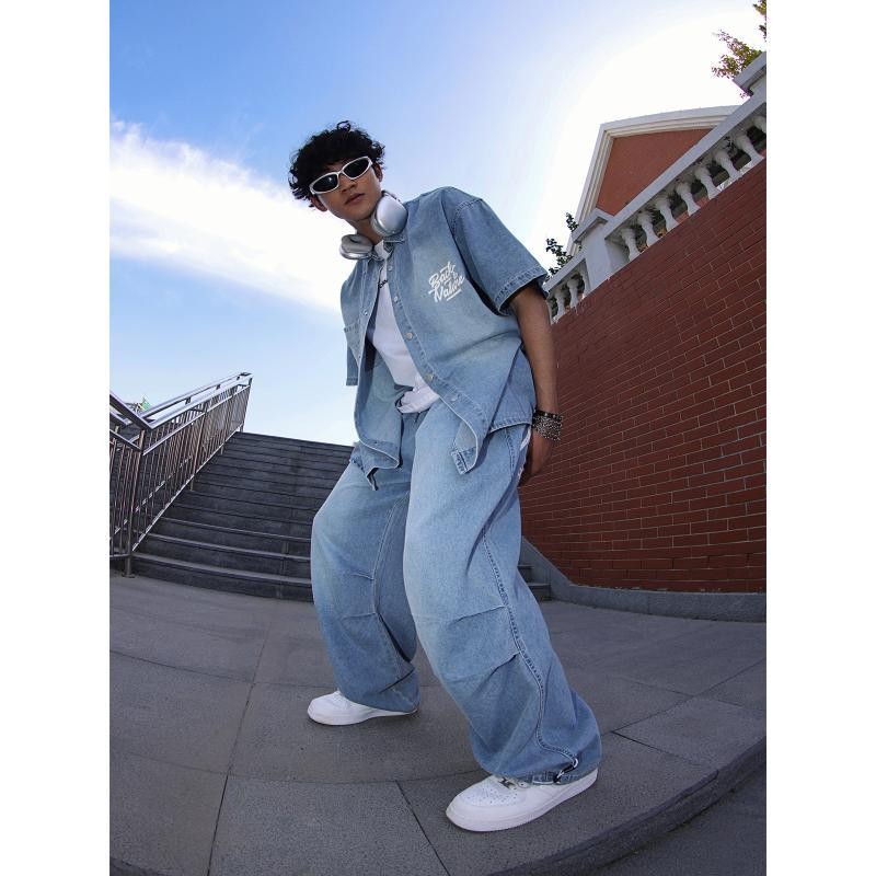 Street Dance Hip Hop Blue Suit Denim Short Sleeve Suit Men American Suit hiphop Dancing Suit Sports 