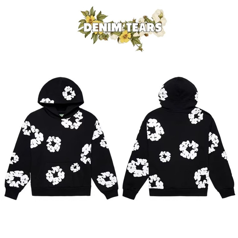 เสื้อกันหนาว DENIM TEARS hoodie The Cotton Wreath Sweatshirt Black เสื้อฮู้ดสไตล์คู่รัก