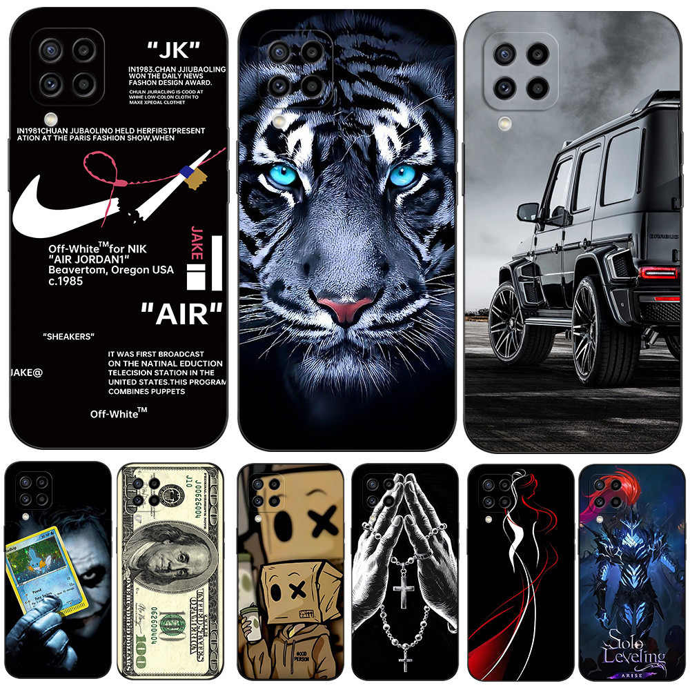 SAMSUNG สําหรับSamsung Galaxy M22 6.4 นิ้วเคสโทรศัพท์ฝาหลังสีดําTpuสีดํารูปแบบรถเสือเงินdollarตลก