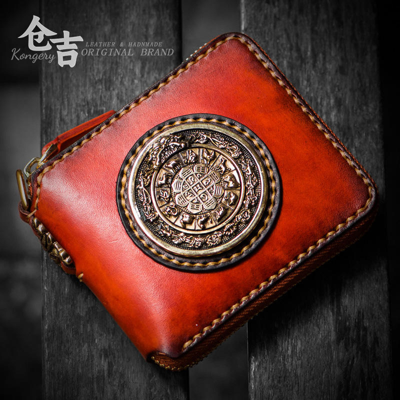 ทิเบตคลาสสิก! Nine Palace Wallet! กระเป๋าซิปสั้น ๆ ของ Cowhide Men