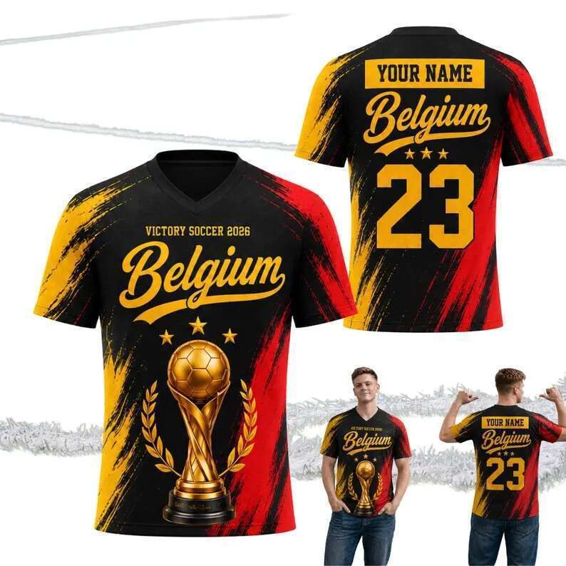 เบลเยียมทีมชาติเสื้อยืด 3D FOOTBALL Trophy พิมพ์กราฟิก 2026 Victory ฟุตบอลพัดลมเสื้อยืดที่กําหนดเองช