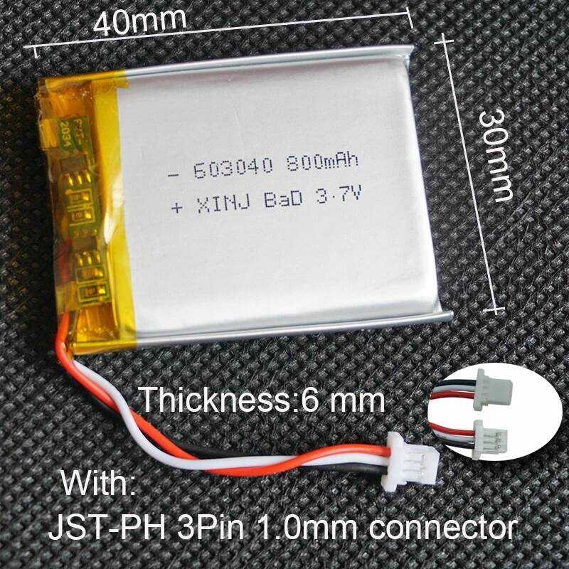 ▥ 3.7V 800Mah 2.96Wh 3 สาย NTC Thermistor Polymer Li Lipo แบตเตอรี่ 603040 JST 3Pin 1.0 มม.สําห