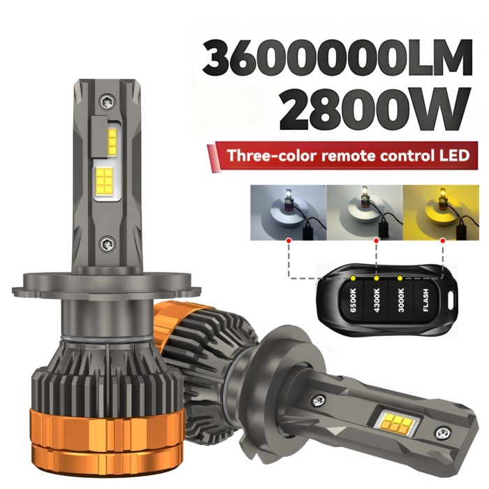 2800W  H4 LED Headlights with H1 H7 H11 9005 9006 9012 6500K 4300K 3000K Three Color Remote Control