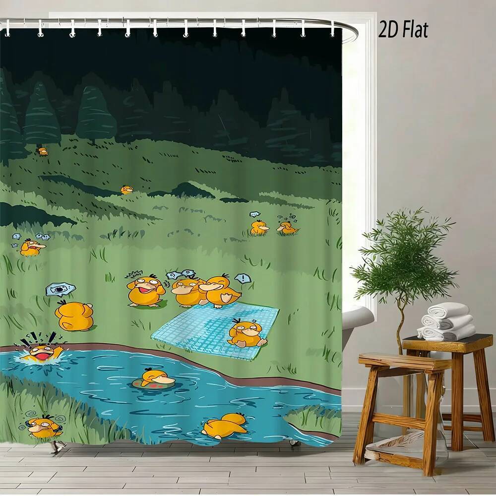 2D Flat Pokemon Psyduck Night Meadow Group ม่านอาบน้ําห้องน้ํา