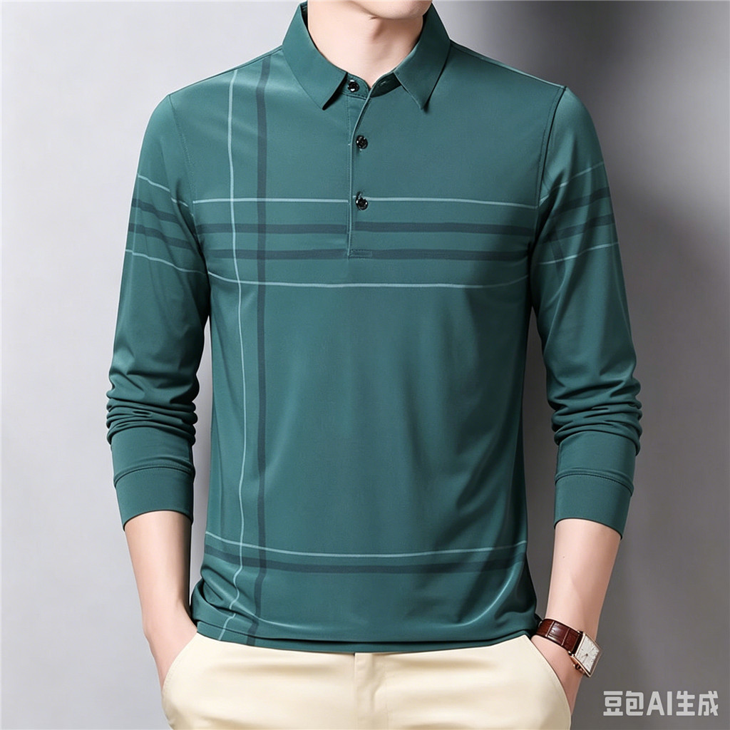 ผู้ชาย Taupe Multi-Color Stripe เสื้อโปโลแขนยาว Layered Band Design Top CZ
