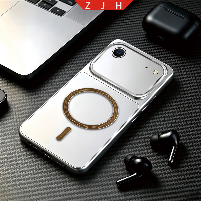 เหมาะสําหรับเคสโทรศัพท์ iphone 17 AIR ออกแบบใหม่วงกลมแหวนดูดแม่เหล็กแนวนอนกันกระแทกสเปรย์เงิน softca