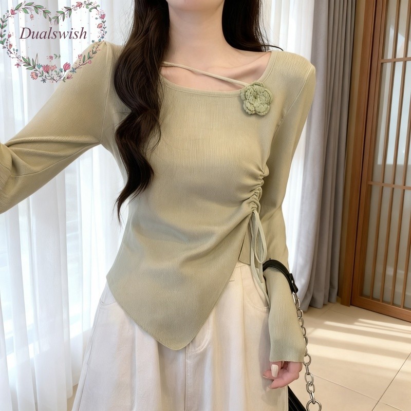 ท็อปส์แขนยาวสำหรับฤดูใบไม้ร่วง เสื้อถักสตรี สลิม핏 รอบคอดูเก๋ สวมใส่ง่ายและอบอุ่น