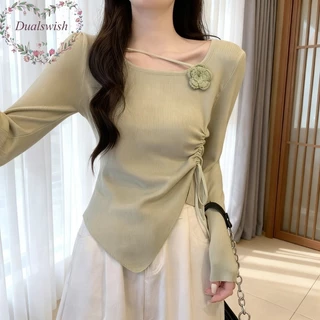 ท็อปส์แขนยาวสำหรับฤดูใบไม้ร่วง เสื้อถักสตรี สลิม핏 รอบคอดูเก๋ สวมใส่ง่ายและอบอุ่น