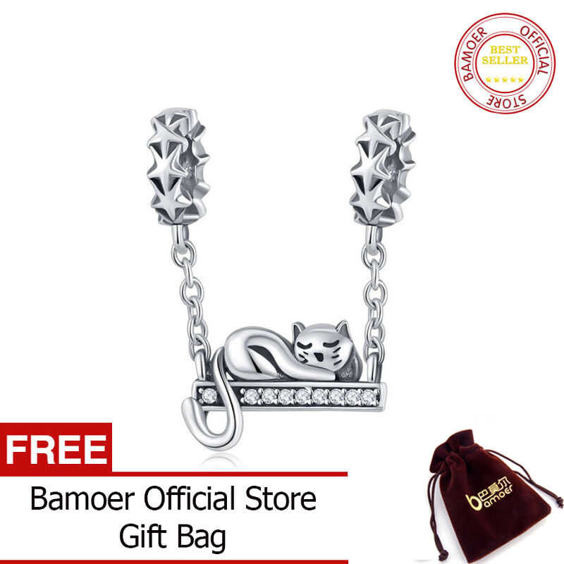 ❤ BAMOER เงินสเตอร์ลิงเครื่องรางแมวดาวน่ารักจี้สร้อยข้อมือและสร้อยคอ DIY ของขวัญคริสต์มาส Scc85