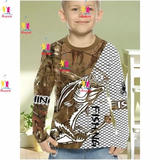 เด็กแขนยาวตกปลากราฟิกพิมพ์เสื้อยืดสําหรับฤดูใบไม้ร่วงรอบคอสบายๆเด็กด้านบน 泰国‌‌