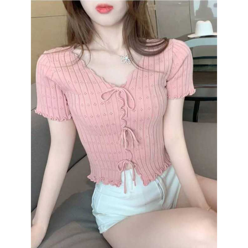 ▥ 2025 Ropa Mujerถักเสื้อผู้หญิงแขนสั้นvคอฤดูร้อนteesโครเชต์สบายๆโบว์เสื้อยืดแฟชั่นเกาหลีcrop T