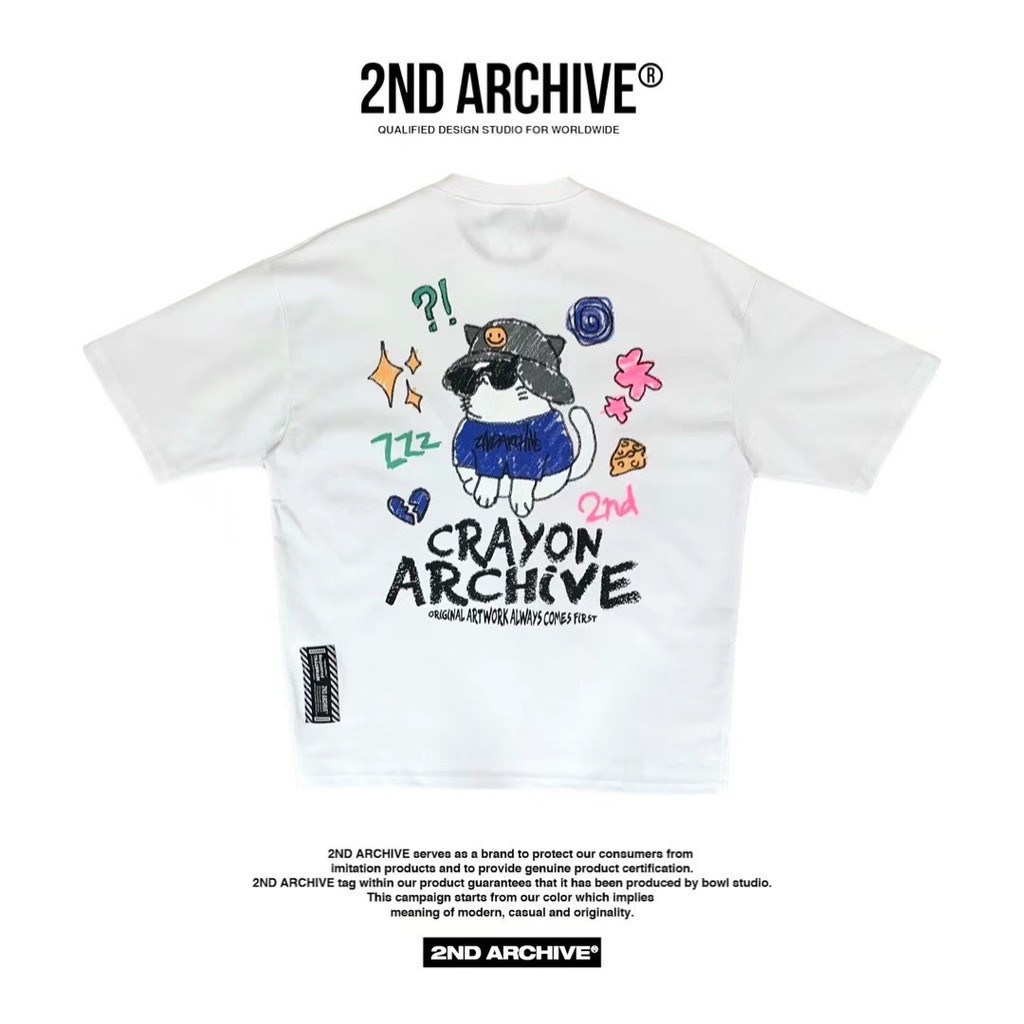 ใหม่ ((รูปแบบใหม่พร้อมสต็อก) 2nd ARCHIVE Cat พิมพ์หลวมแขนสั้นผ้าฝ้ายแท้ All-Match ผู้ชายผู้หญิงเสื้