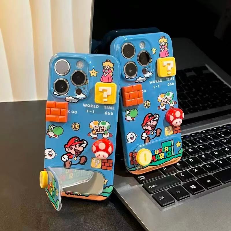 การ์ตูน 3D เห็ด Mario พับ bracke สําหรับ Samsung A56 A55 A54 A73 A53 A50 A50s A30s A51 A52 A52s A71 กรณีหรูหรา Make Up กระจกฝาครอบโทรศัพท์