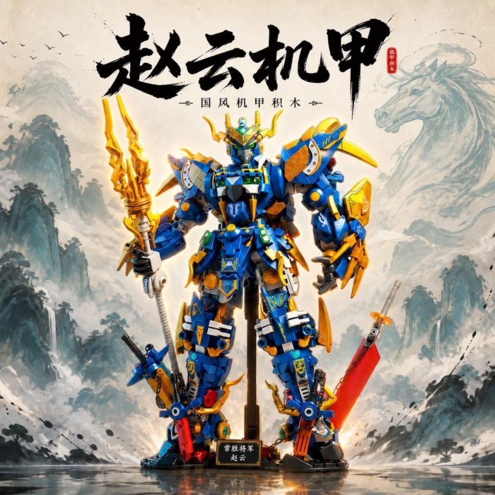 บล็อกตัวต่อใหม่ Three Kingdoms Mecha Guan Yu Zhao ของเล่นเครื่องประดับโมเดลลายนิ้วมือ