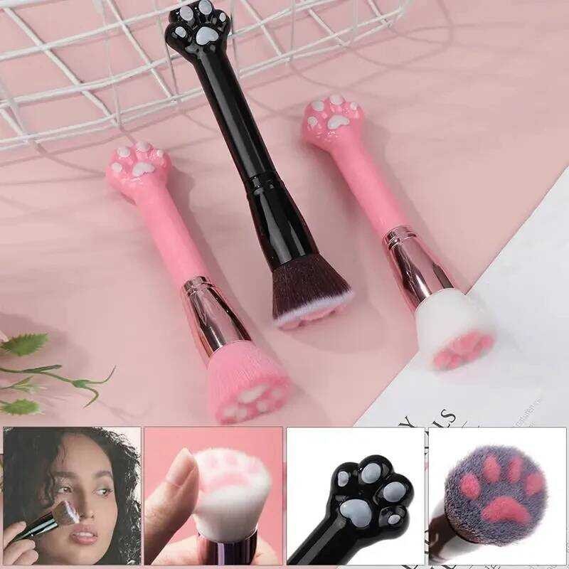C 1Pc Cute Cat Claw Paw Women Soft Fibre Wooden Brush Loose Powder Blush Contour Face Make Up Found
