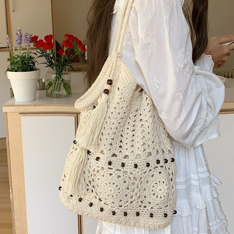 Bohemian Cotton Crochet Tote Bag Beaded Fringe Beach Shoulder Bag